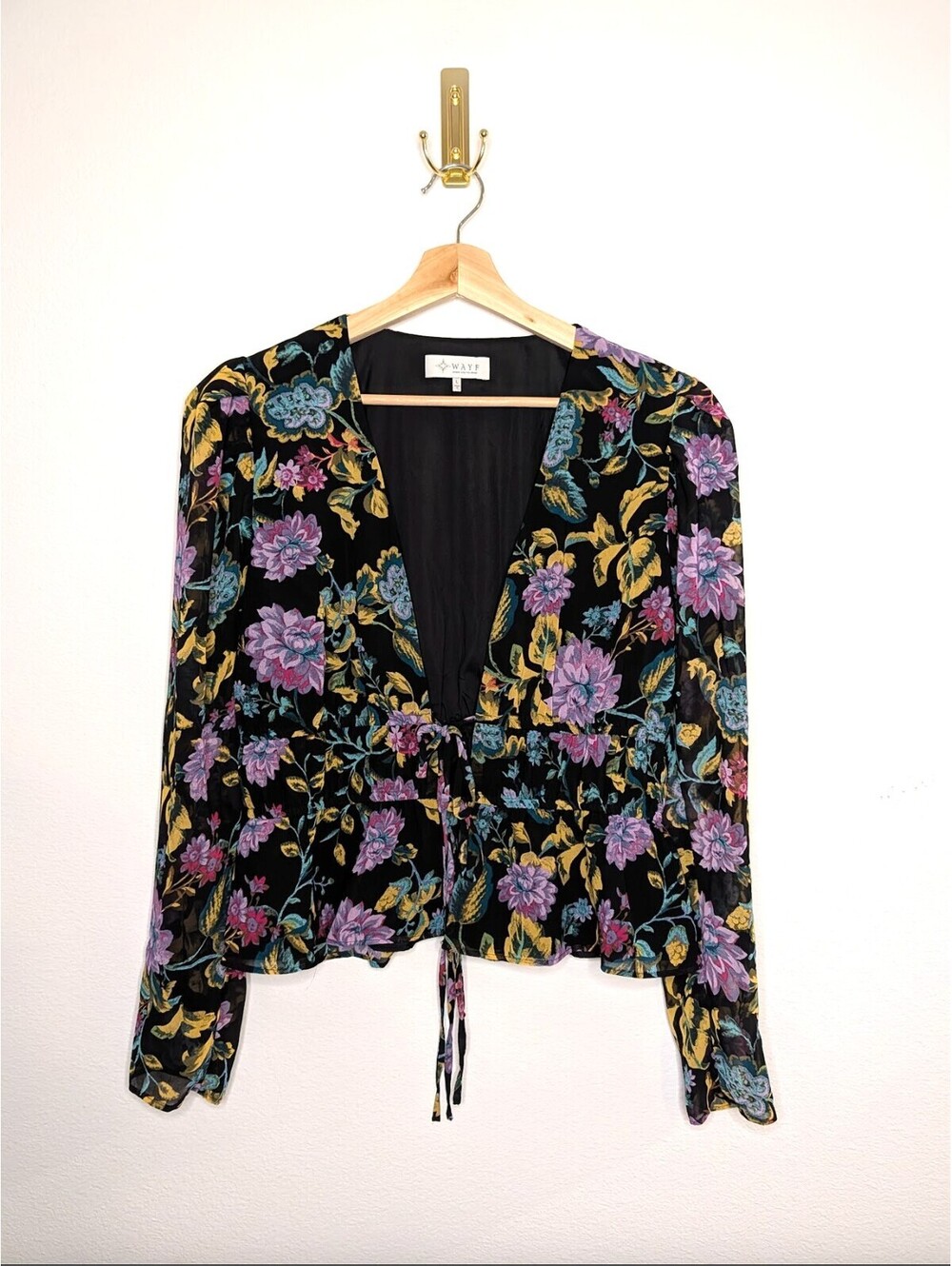 WAYF Long Sleeve Tie Front Blouse